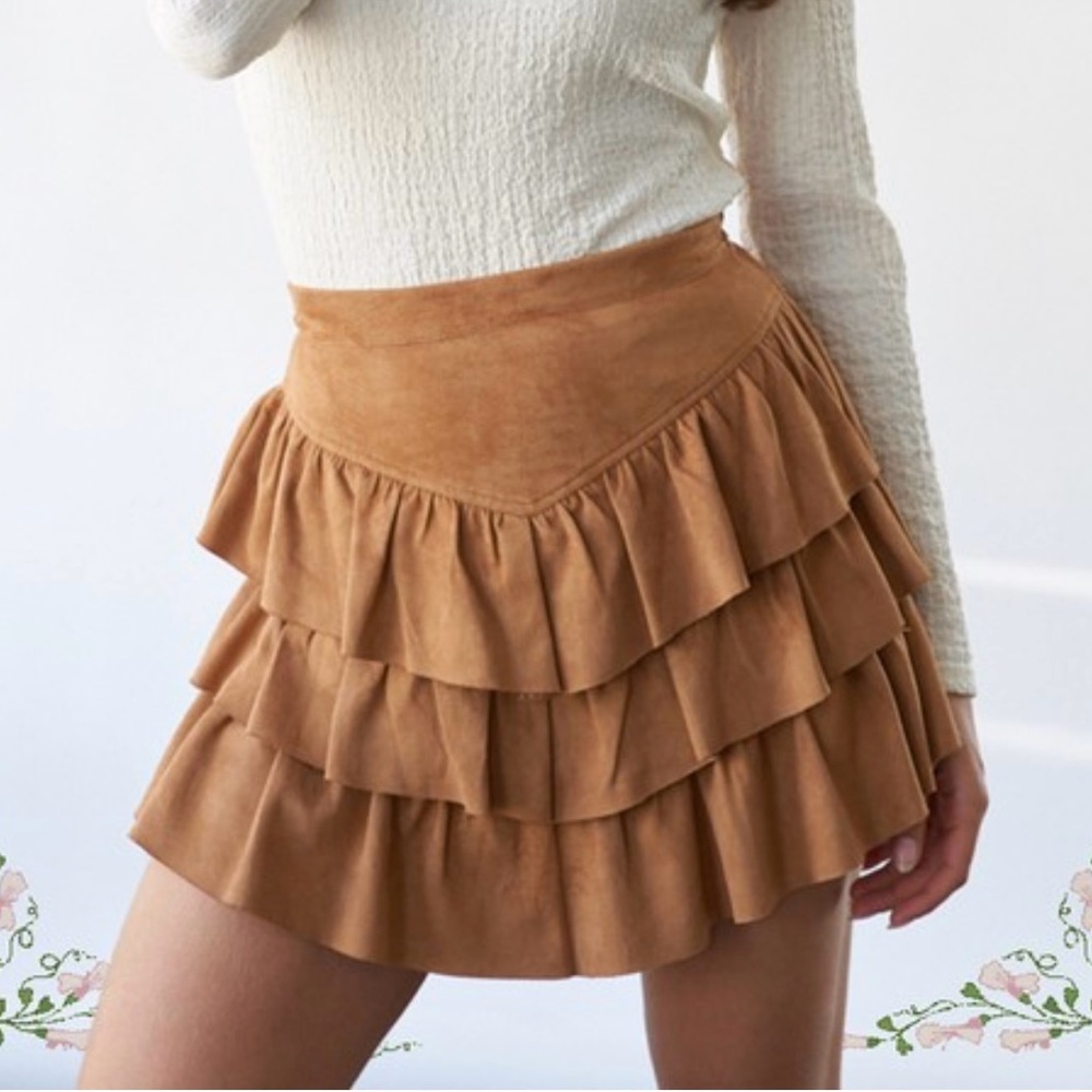 Faux Suede Tan Layered Mini Skirt